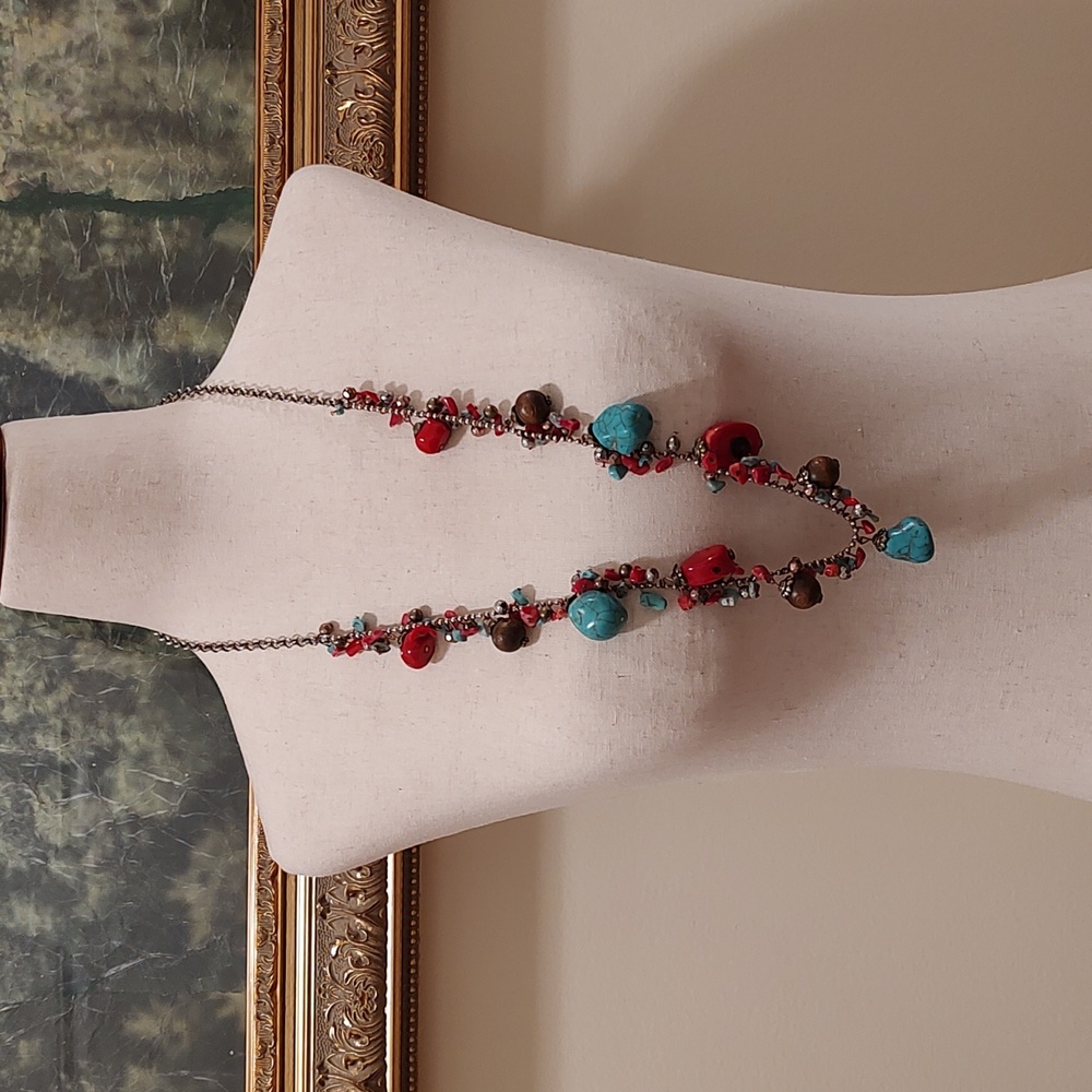 Red and Turquoise Color Necklace 32"